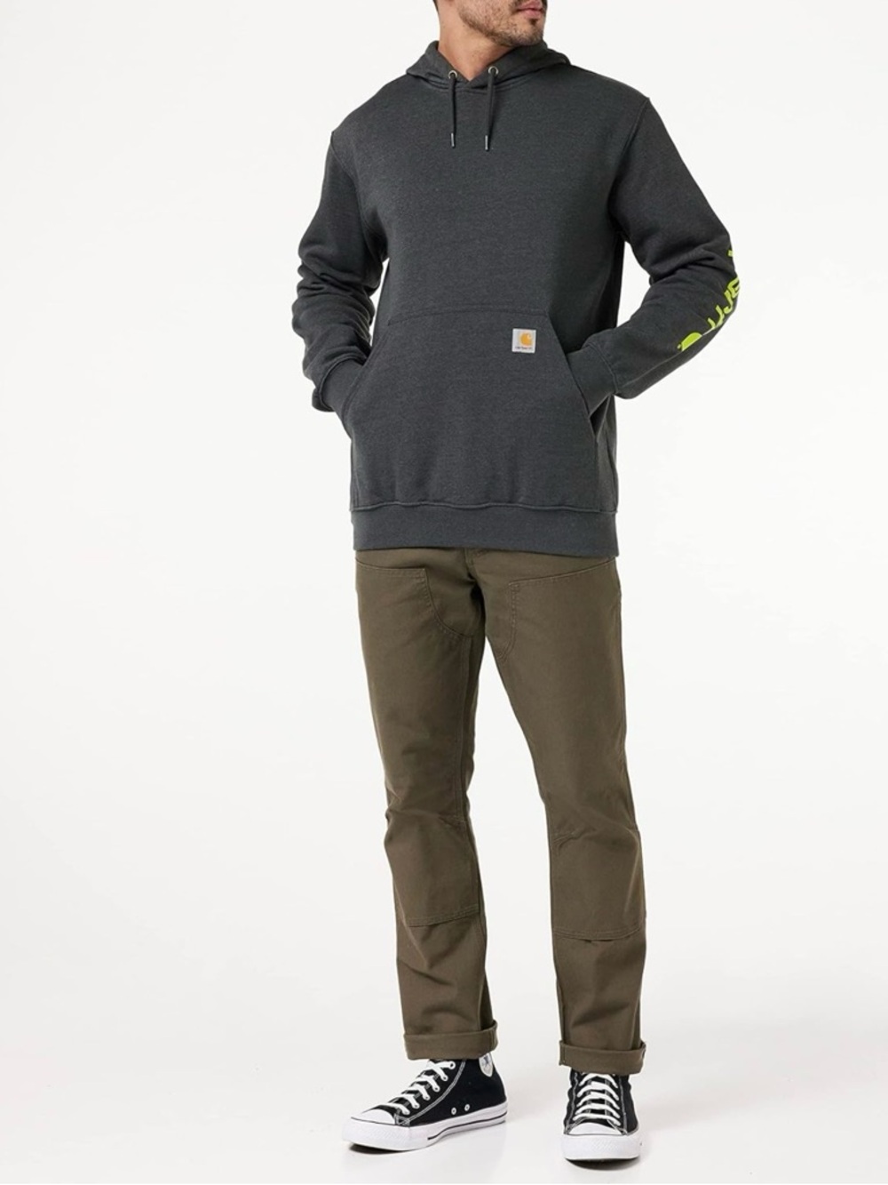 Carhartt Men’s Charcoal Hoodie with Neon Sleeve Logo - Picture 3 of 16